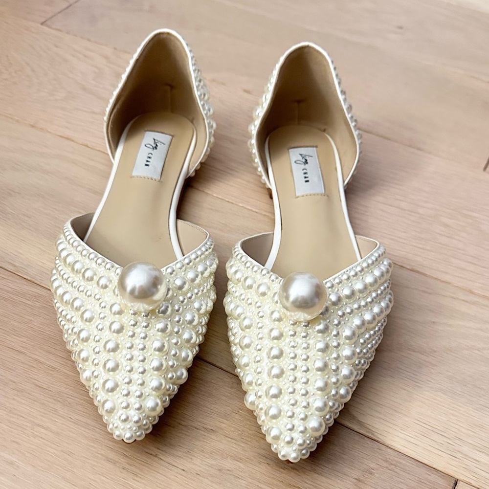 Ling Chan Pearl-Embellished Ivory Pointed Toe Flats